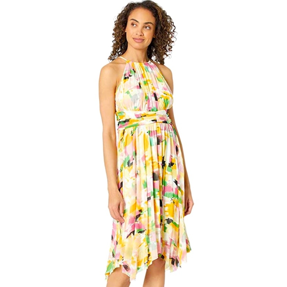 London Times Watercolor Mesh Ruched Dress - Picture 1 of 5